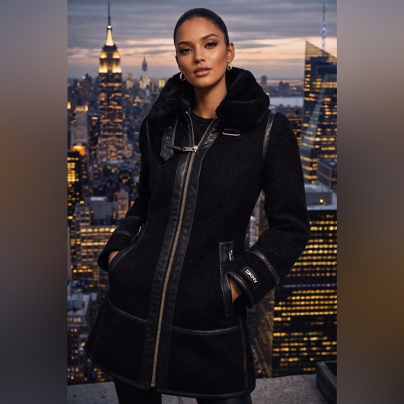 Dkny Jackets & Blazers - DKNY Black Faux Shearling & Leather Trim Mixed Media Coat - Siz XXS
